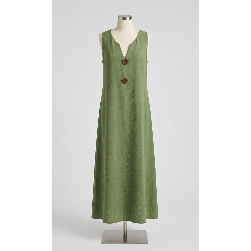 Boho Sage Green Linen Blend V-Neck Maxi Dress Statement Wooden Buttons